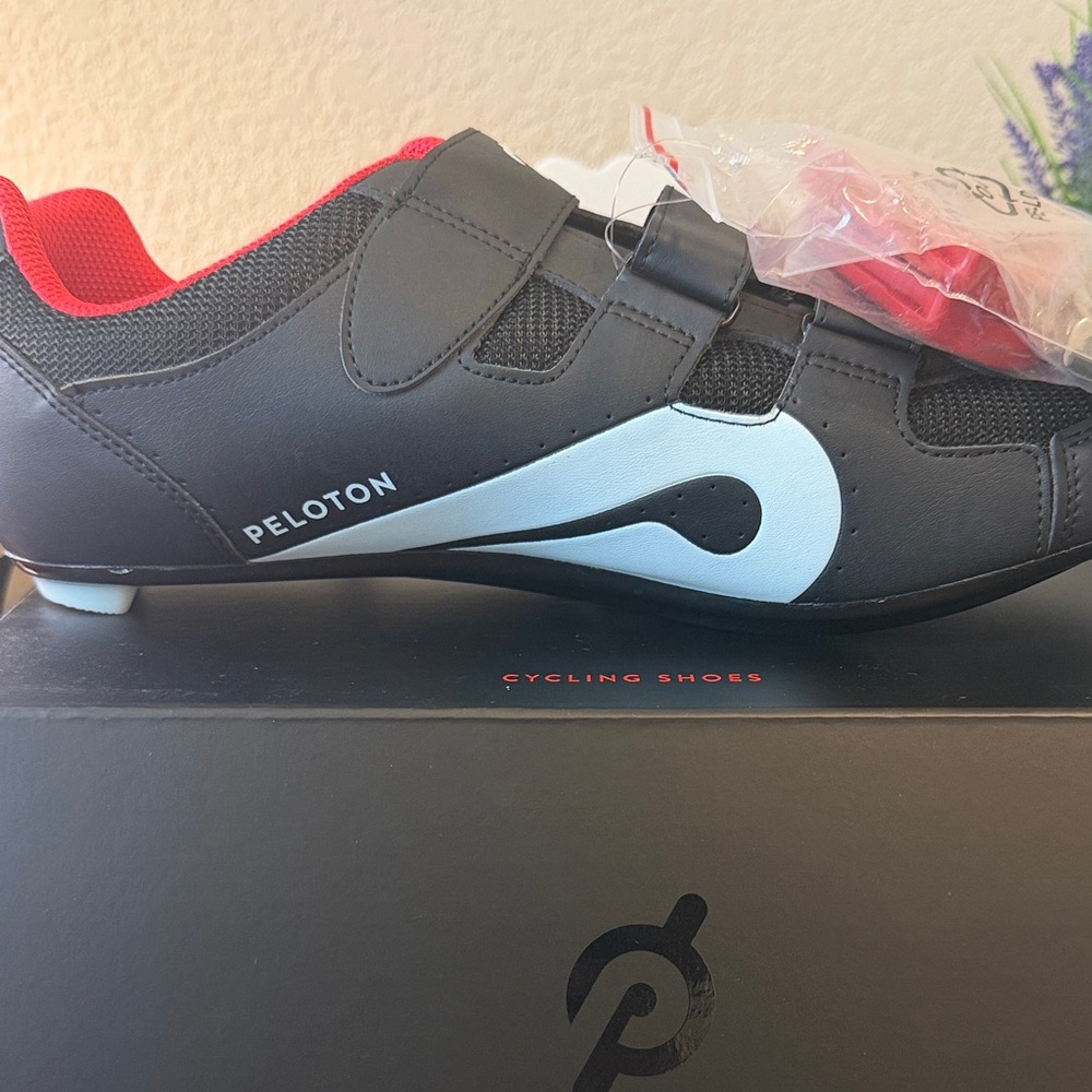 Peloton Black Cycling Shoes with White Accent and Red Lining